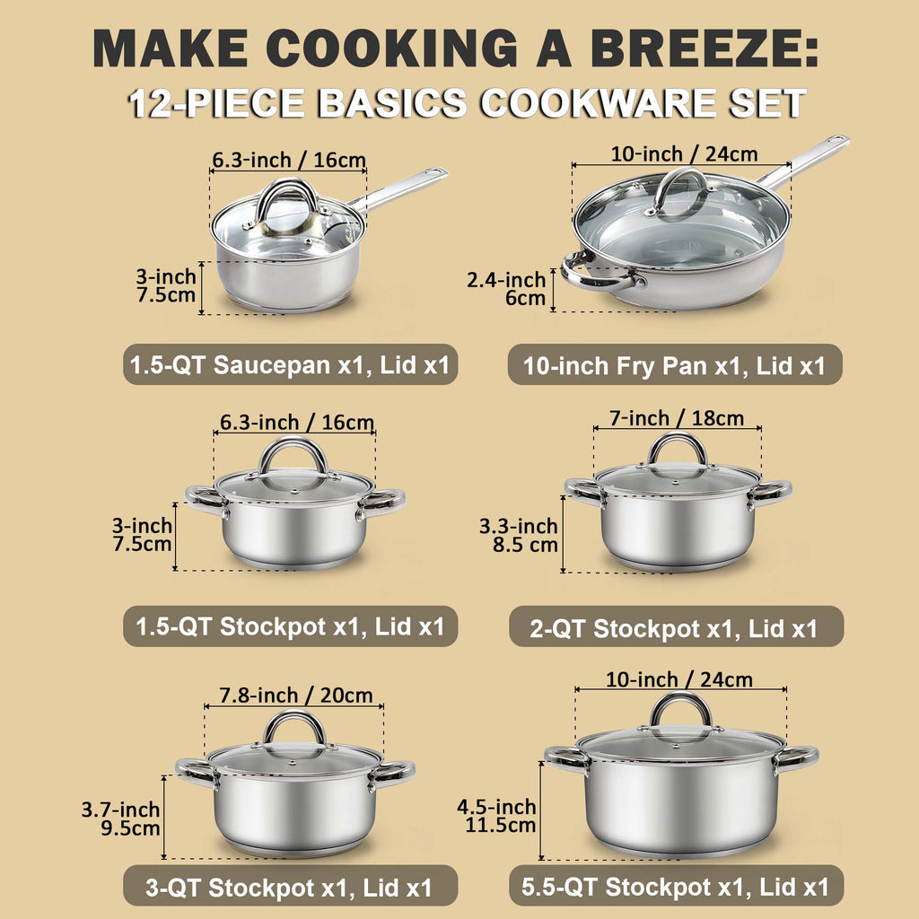 Cook N Home 12-Piece Stainless Steel Cookware Set