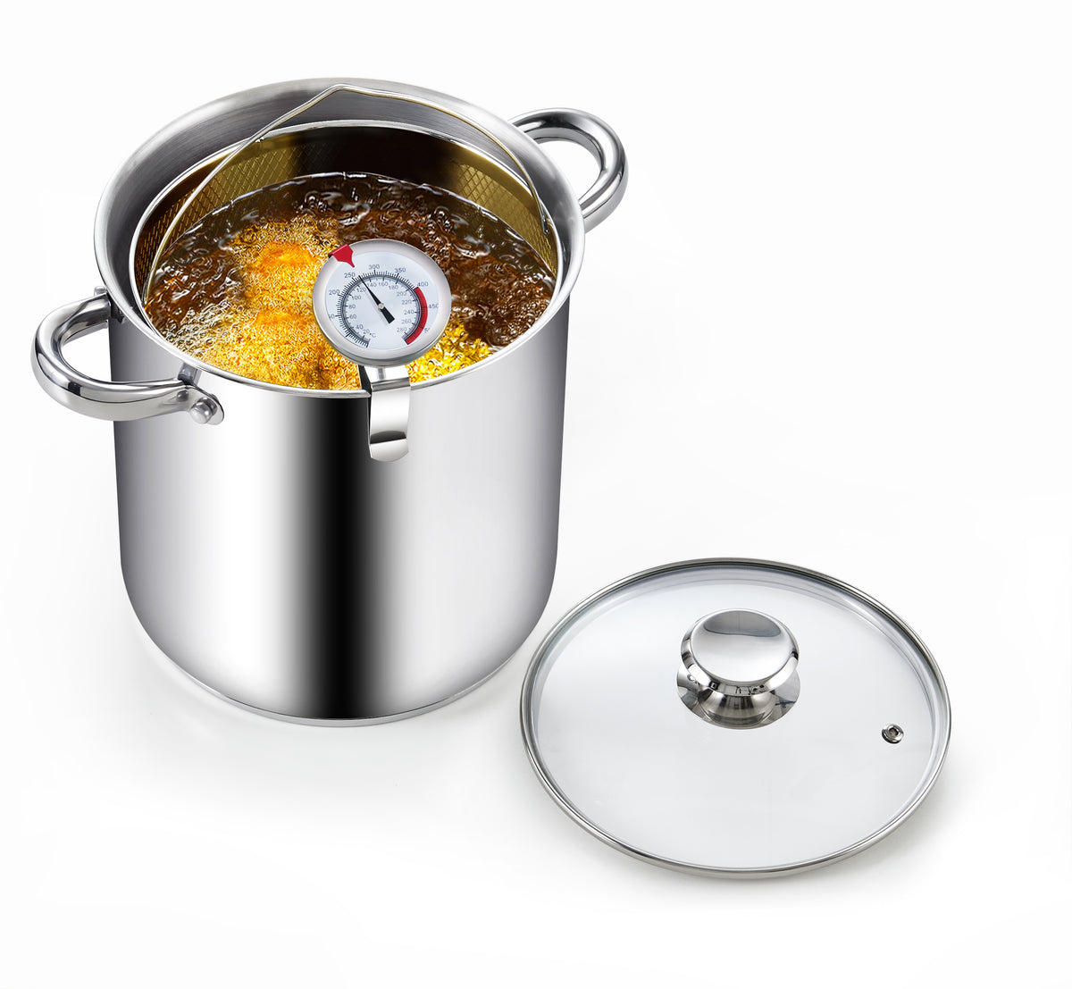 Cook N Home Deep Fryer Pot, 5-Quart Japanese Tempura Deep Frying Pot, 304 Stainless Steel with Temperature Control and Oil Drip Rack and Glass Lid, for Kitchen French Fries, Chicken etc