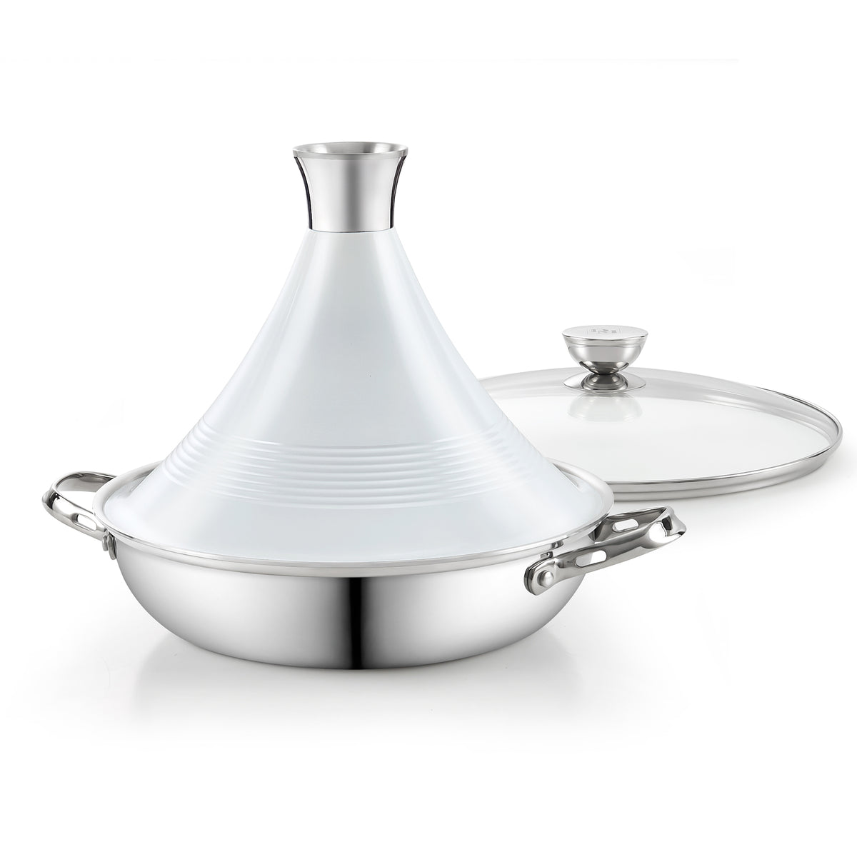 D&M Tagine Pot, 11 Inch 3.6 Quart Moroccan Clay Tagine Pot Alternative, Multi-Ply Clad Stainless Steel, Traditional Cooking Pot with Die-Cast Aluminum Red Conical Lid and Stainless Steel Knob