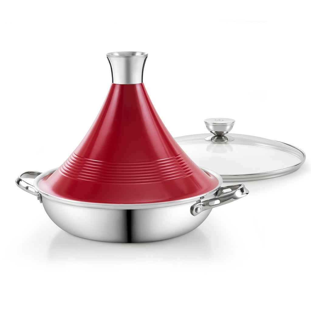D&M Tagine Pot, 11 Inch 3.6 Quart Moroccan Clay Tagine Pot Alternative, Multi-Ply Clad Stainless Steel, Traditional Cooking Pot with Die-Cast Aluminum Red Conical Lid and Stainless Steel Knob