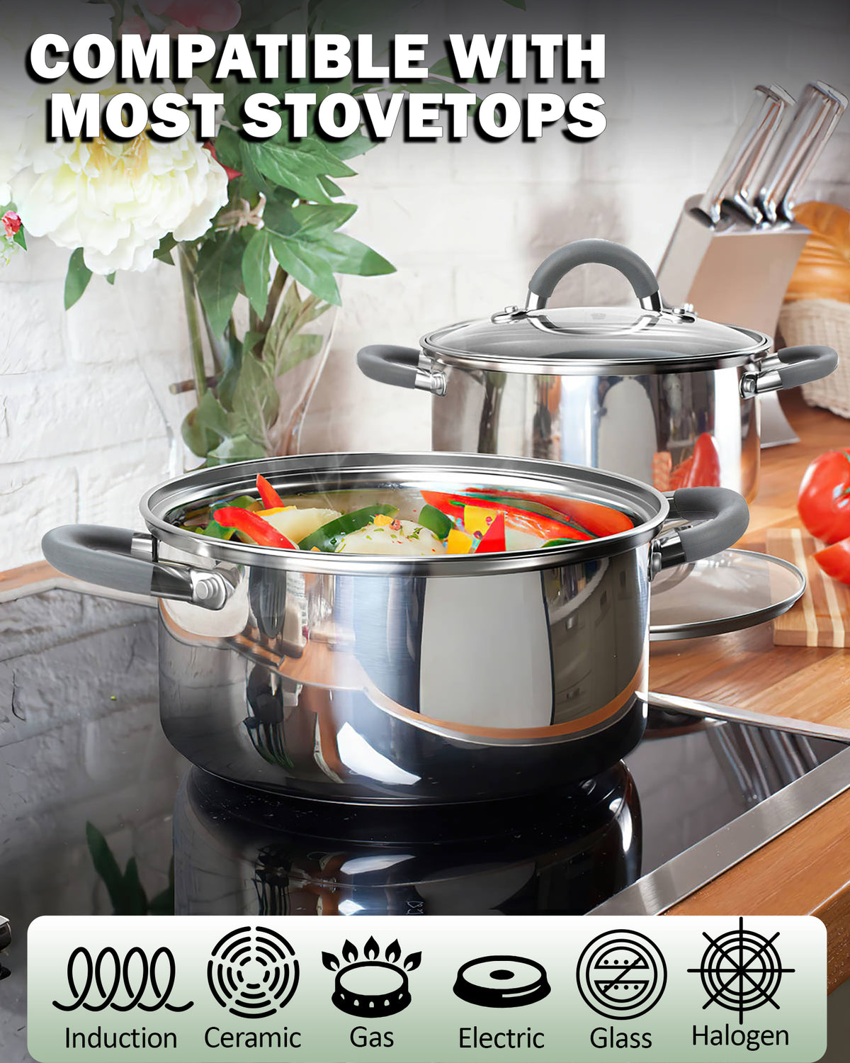 Cook N Home Cookware Sets 12-Piece Basics Stainless Steel Pots and Pans with Grey Silicone Handles, Silver