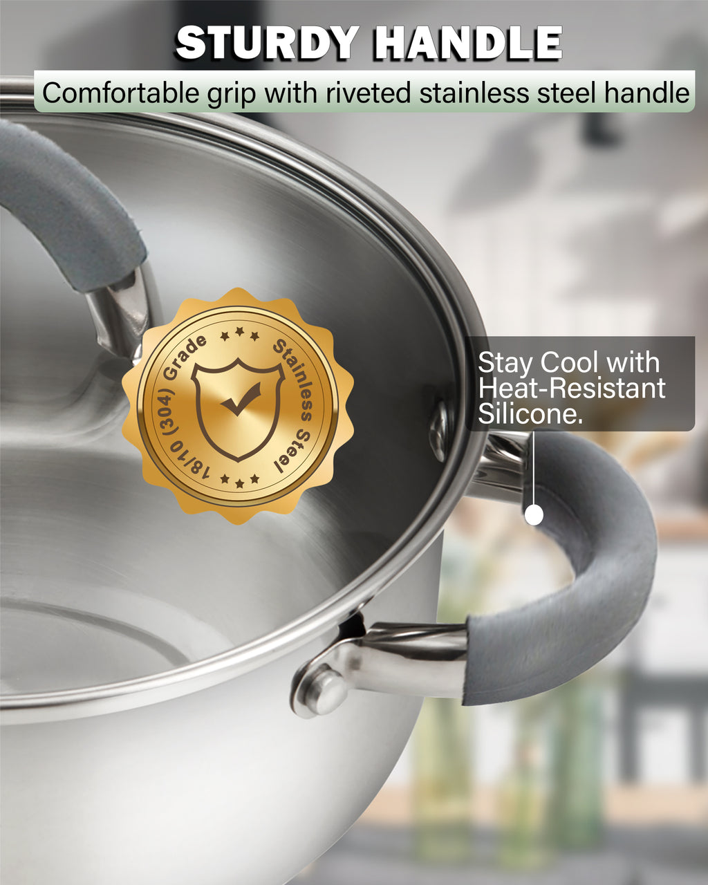 Cook N Home Cookware Sets 12-Piece Basics Stainless Steel Pots and Pans with Grey Silicone Handles, Silver