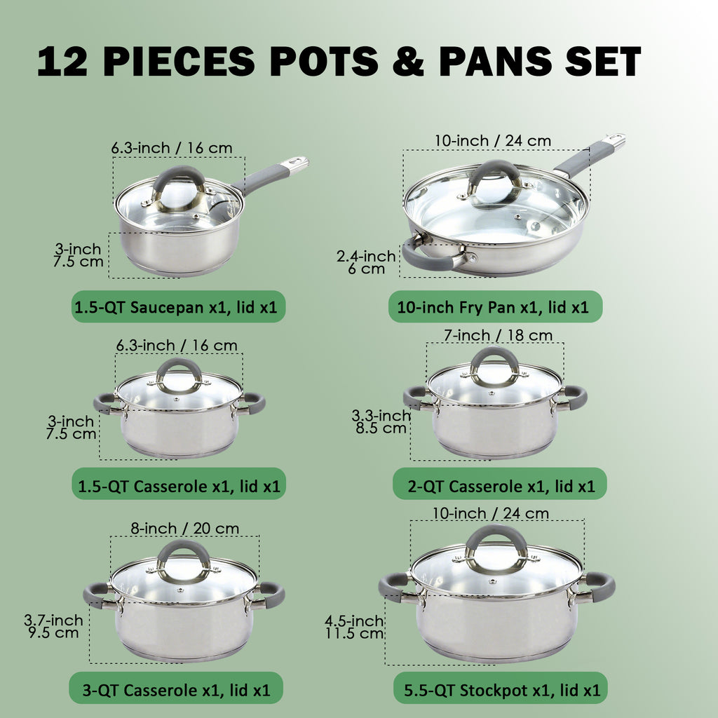 Cook N Home Cookware Sets 12-Piece Basics Stainless Steel Pots and Pans with Grey Silicone Handles, Silver