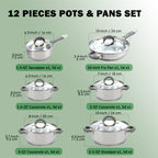 Cook N Home Cookware Sets 12-Piece Basics Stainless Steel Pots and Pans with Grey Silicone Handles, Silver
