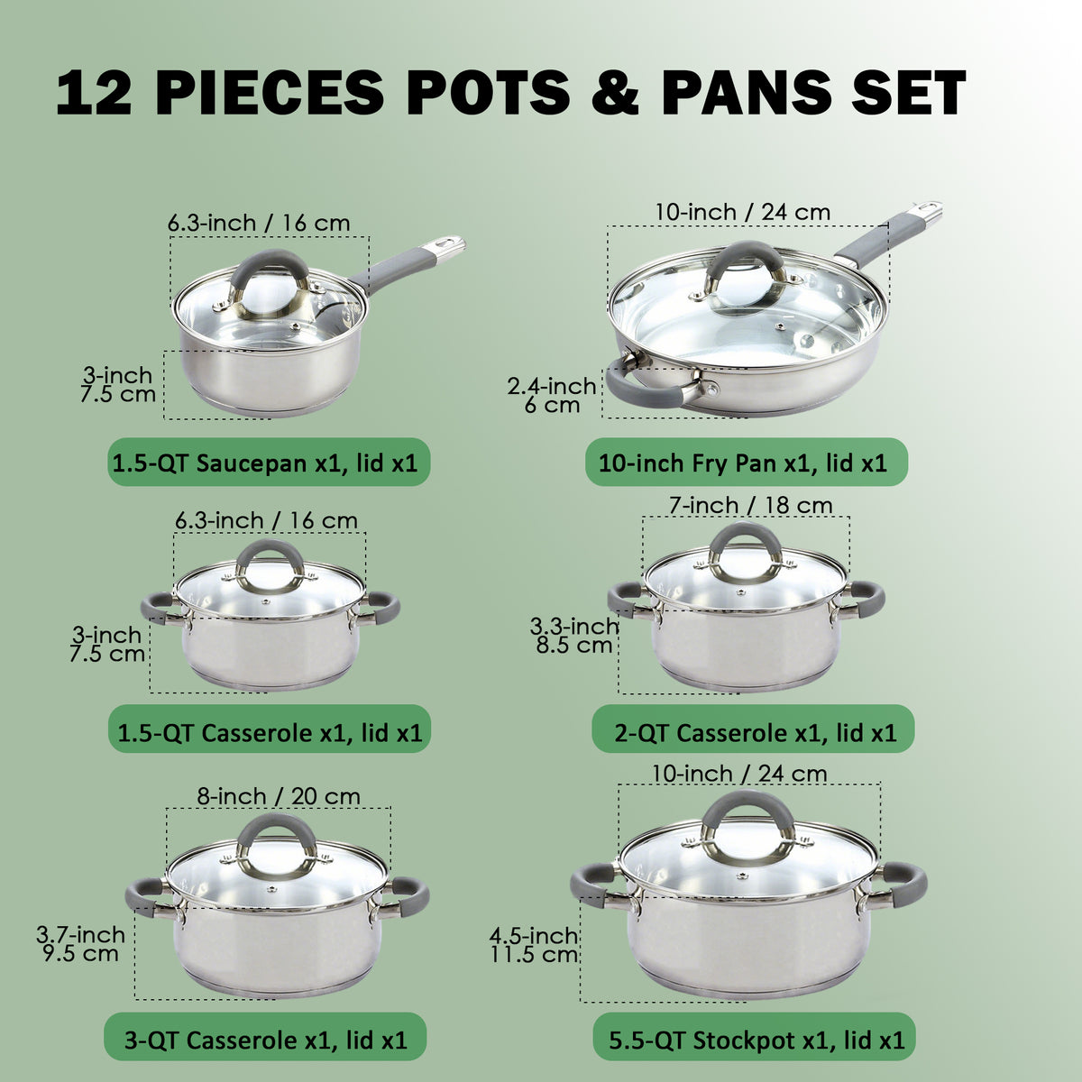 Cook N Home Cookware Sets 12-Piece Basics Stainless Steel Pots and Pans with Grey Silicone Handles, Silver