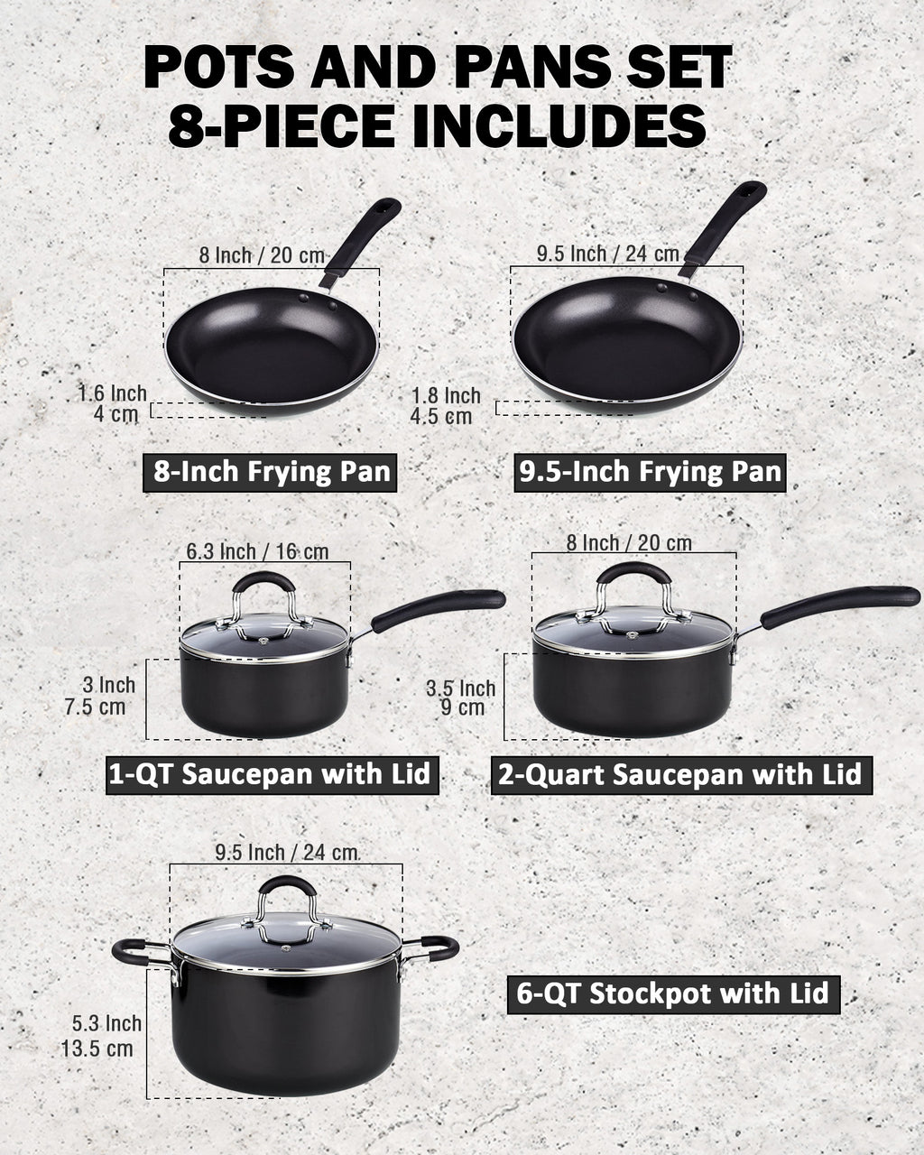 Cook N Home Pots and Pans Nonstick Kitchen Cookware Sets include Saucepan Frying Pan Stockpots 8-Piece, Heavy Gauge, Stay Cool Handle, Black
