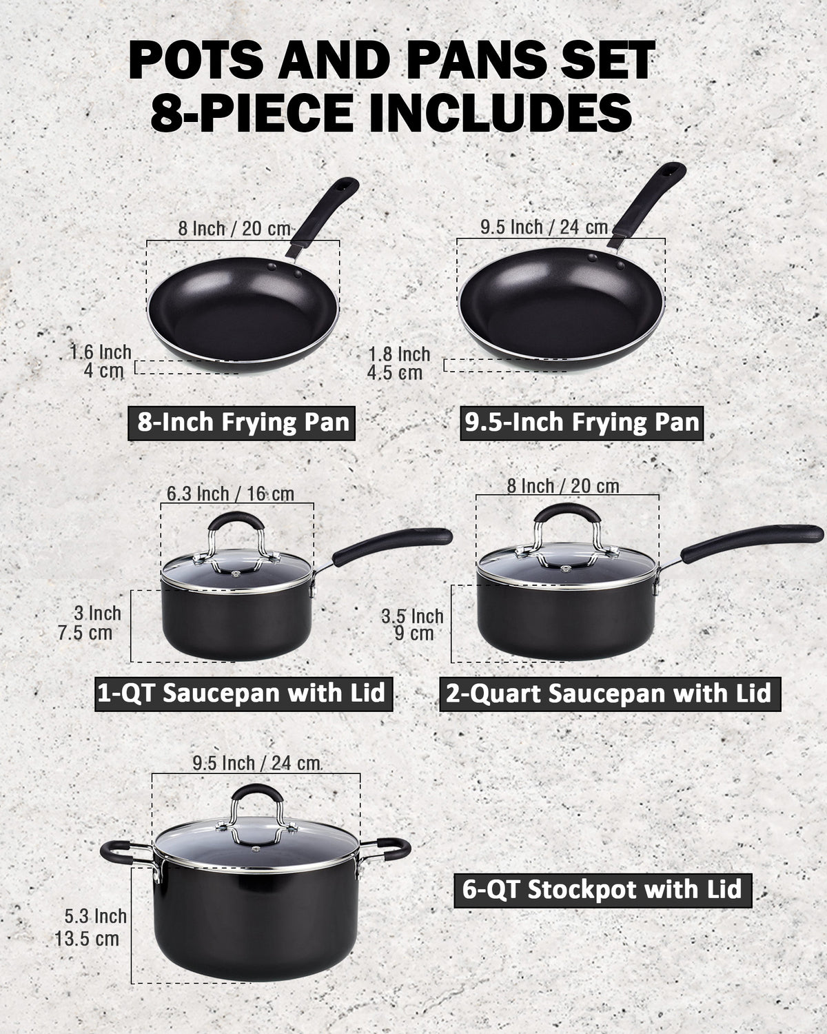 Cook N Home Pots and Pans Nonstick Kitchen Cookware Sets include Saucepan Frying Pan Stockpots 8-Piece, Heavy Gauge, Stay Cool Handle, Black
