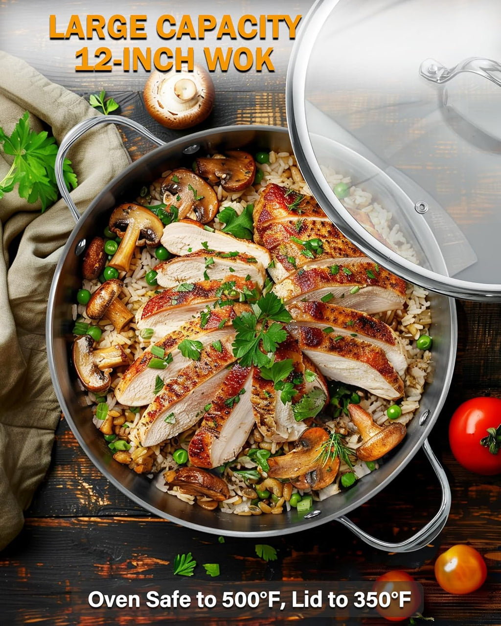 Cooks Standard 12-Inch Stainless Steel Wok Stir Fry Pan with Glass Lid