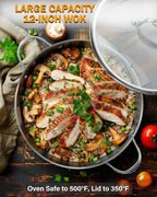 Cooks Standard 12-Inch Stainless Steel Wok Stir Fry Pan with Glass Lid