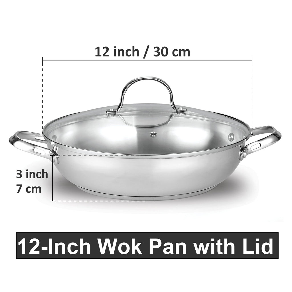 Cooks Standard 12-Inch Stainless Steel Wok Stir Fry Pan with Glass Lid