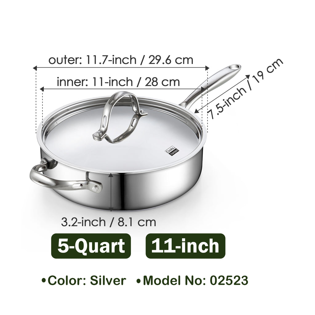 Cooks Standard Classic Stainless Steel Saute Pan 11-inch, 5 Quart Induction Cookware Deep Frying Pan Cooking Skillet with Lid, Stay-Cool Handle
