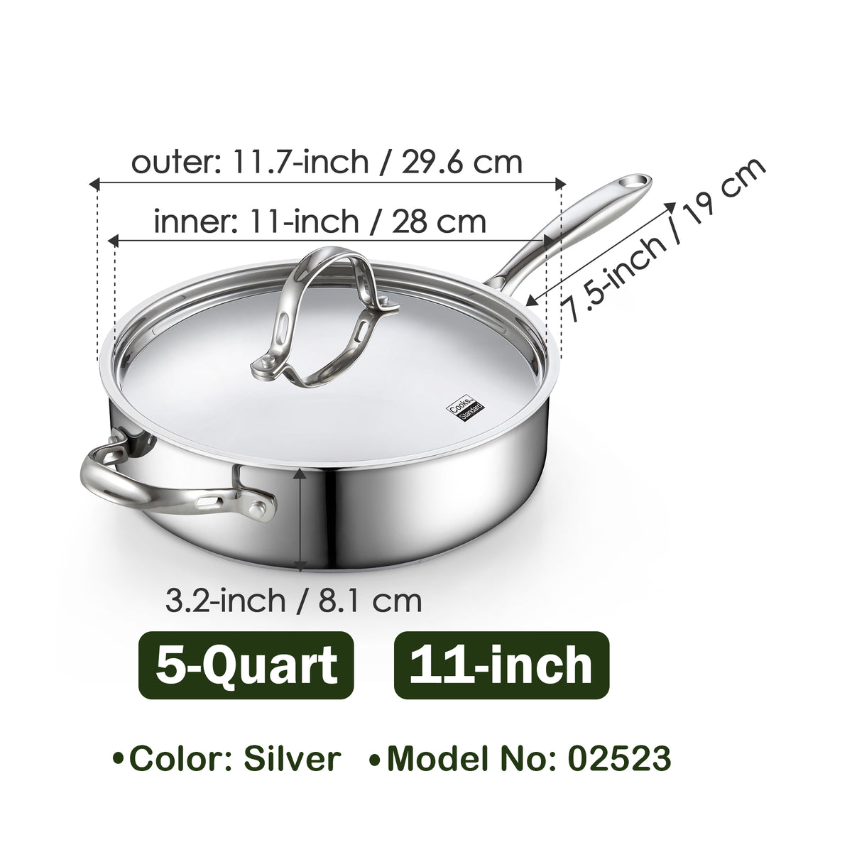 Cooks Standard Classic Stainless Steel Saute Pan 11-inch, 5 Quart Induction Cookware Deep Frying Pan Cooking Skillet with Lid, Stay-Cool Handle