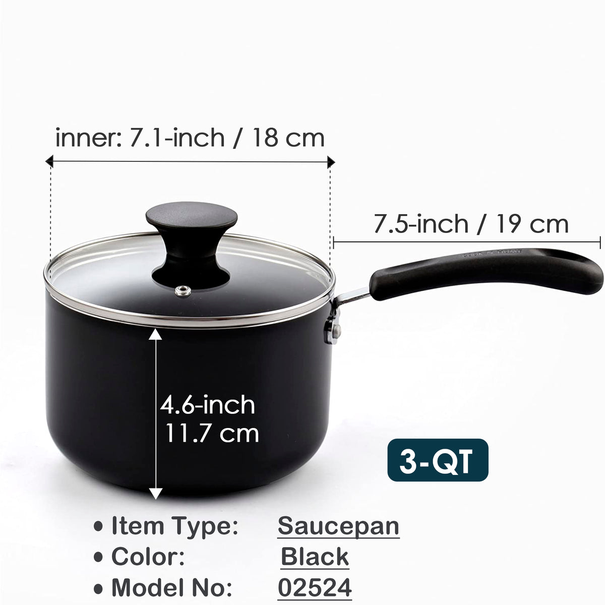 Cook N Home Nonstick Sauce Pan with Glass Lid 3-Qt, Multi-purpose Pot Saucepan Kitchenware, Black, Aluminum