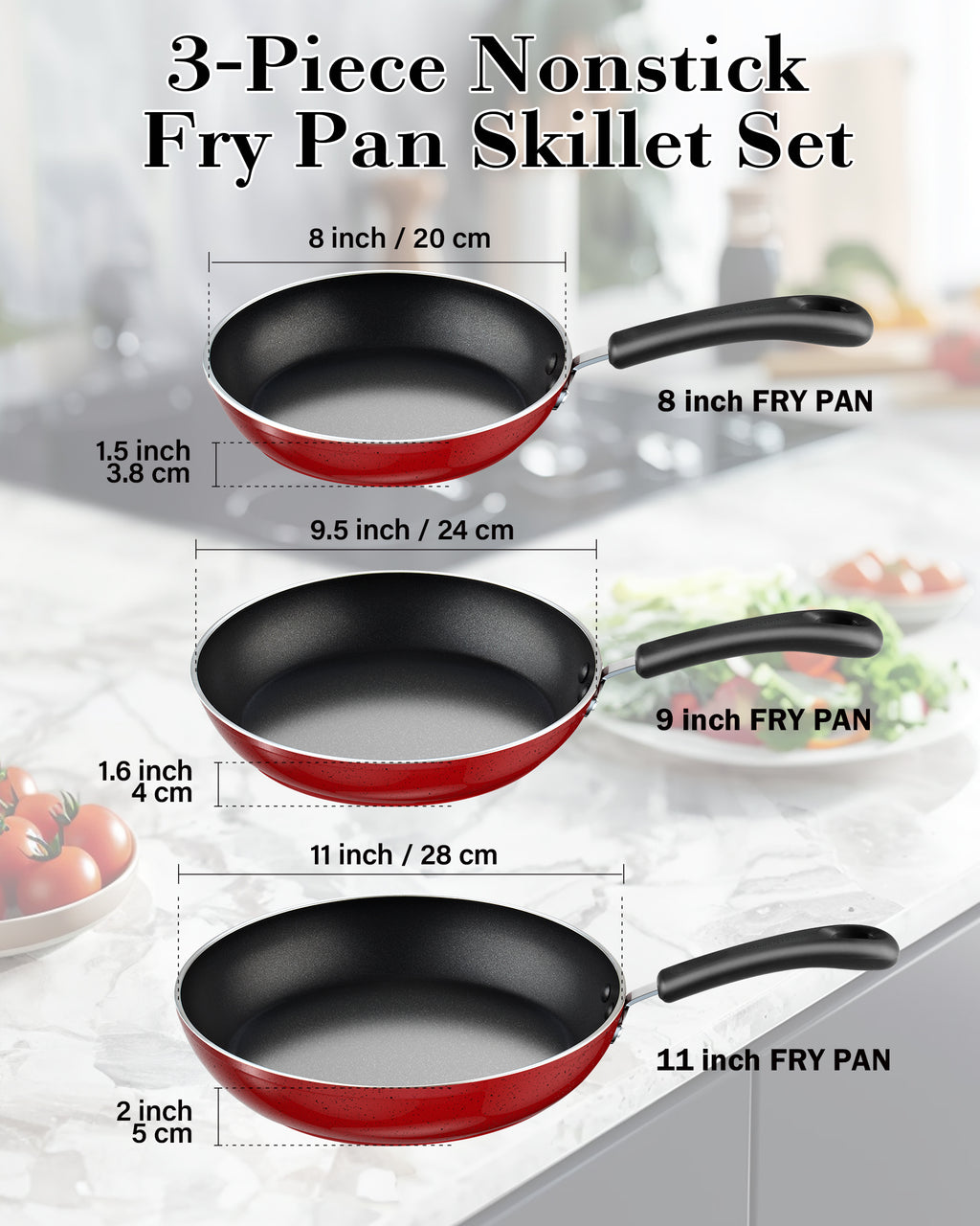 Cook N Home Nonstick Sauté Fry Pan Set, 8, 9.5 & 11-Inch, 3-Piece, Induction Compatible