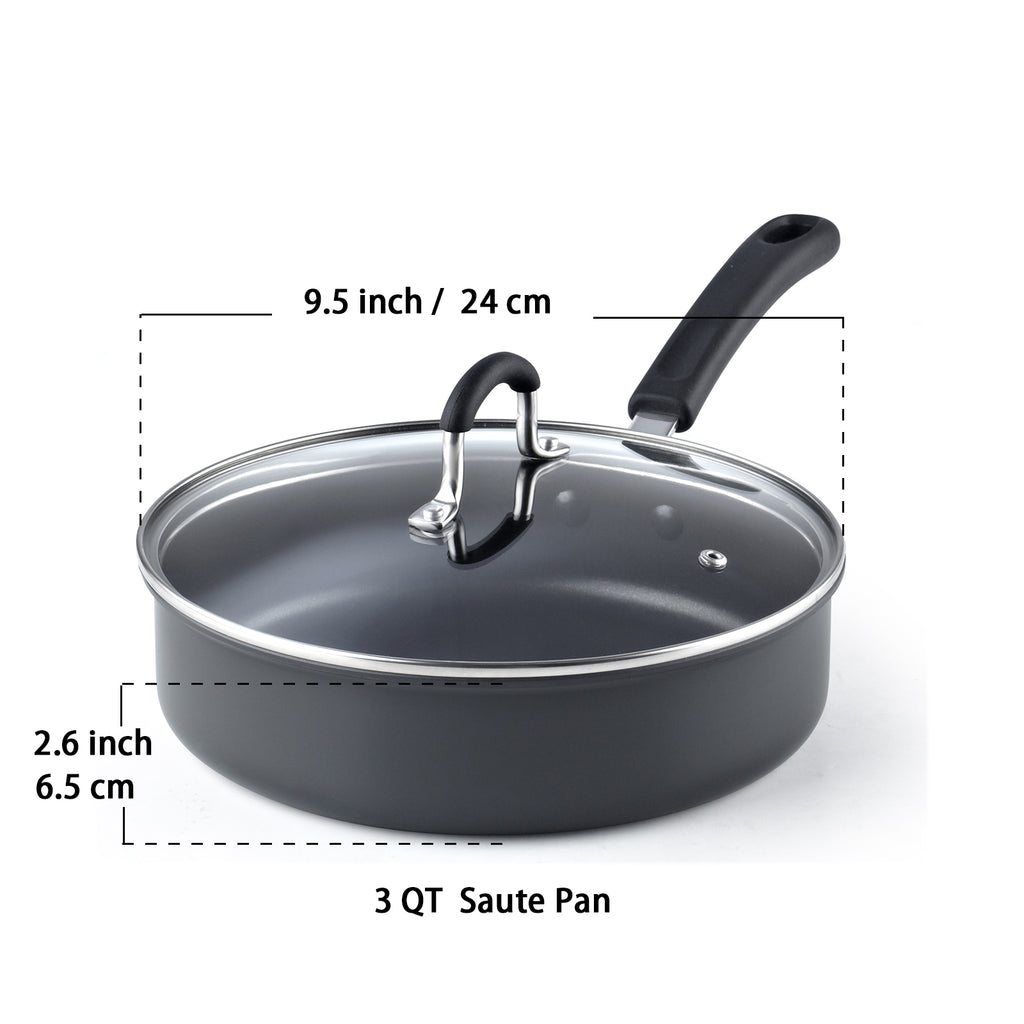 Cook N Home Professional Hard Anodized Nonstick Saute Pan With Lid 3 Quart 9.5 inch, Pots and Pans, Dishwasher Safe with Stay-Cool Handles, Black
