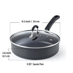 Cook N Home Professional Hard Anodized Nonstick Saute Pan With Lid 3 Quart 9.5 inch, Pots and Pans, Dishwasher Safe with Stay-Cool Handles, Black