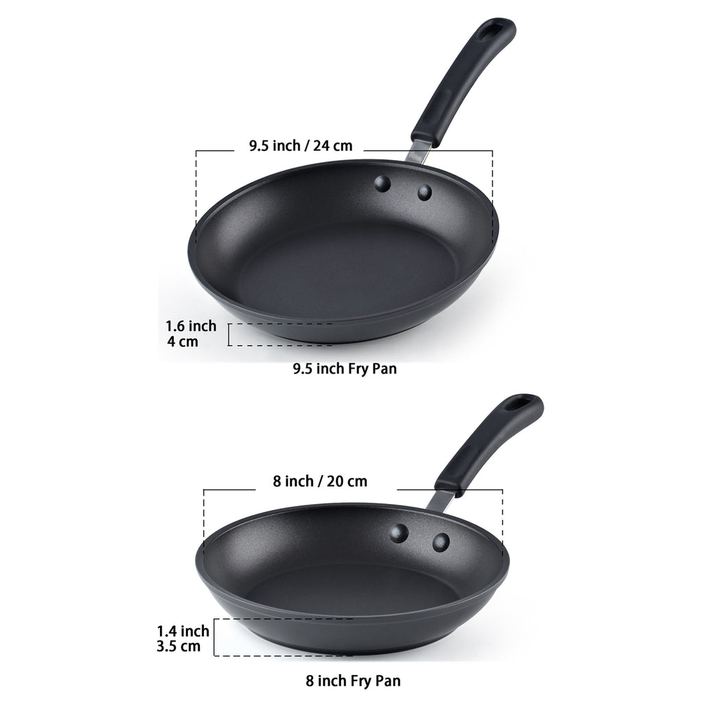 Cook N Home Nonstick Saute Fry Pan (8"/9.5")2 Piece Professional Hard Anodized Frying Pan Cookware Sets, Dishwasher Safe with Stay-Cool Handles, Black