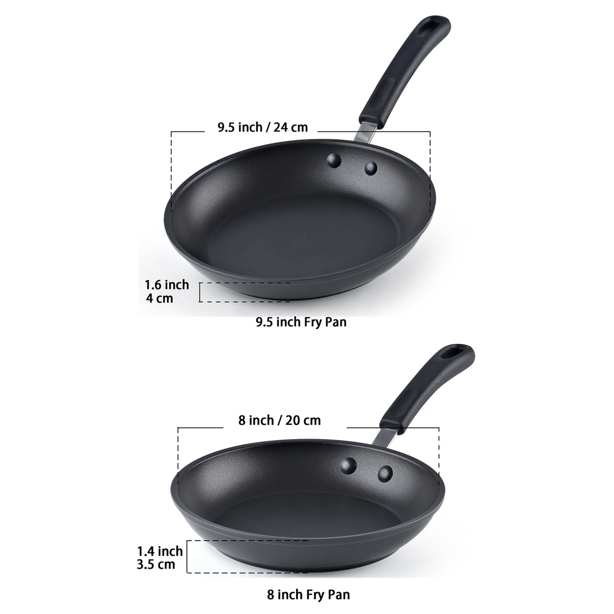 Cook N Home Nonstick Saute Fry Pan (8"/9.5")2 Piece Professional Hard Anodized Frying Pan Cookware Sets, Dishwasher Safe with Stay-Cool Handles, Black