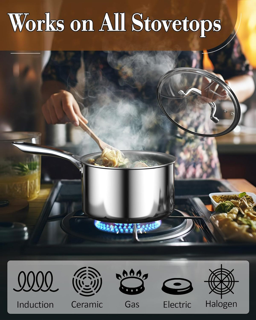 Cook N Home 1.5-Quart Tri-Ply Clad Stainless Steel Saucepan with Glass Lid