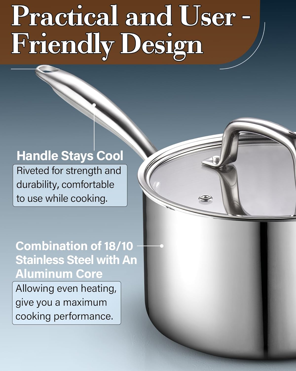 Cook N Home 1.5-Quart Tri-Ply Clad Stainless Steel Saucepan with Glass Lid