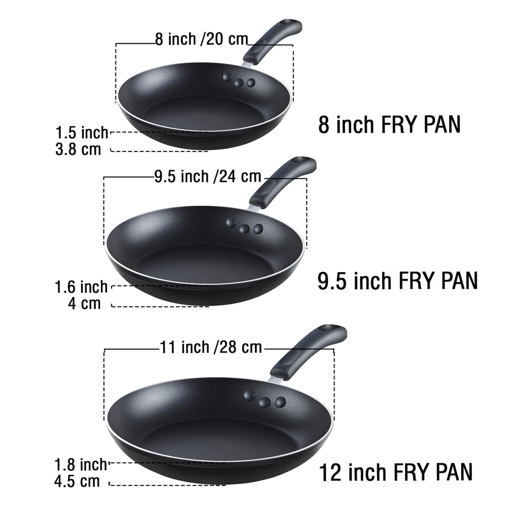 Cook N Home Basics Nonstick Saute Skillet Fry Pan 3-Piece Set, 8 inch/9.5-Inch/11-inch Non-Stick Frying Pans, Black