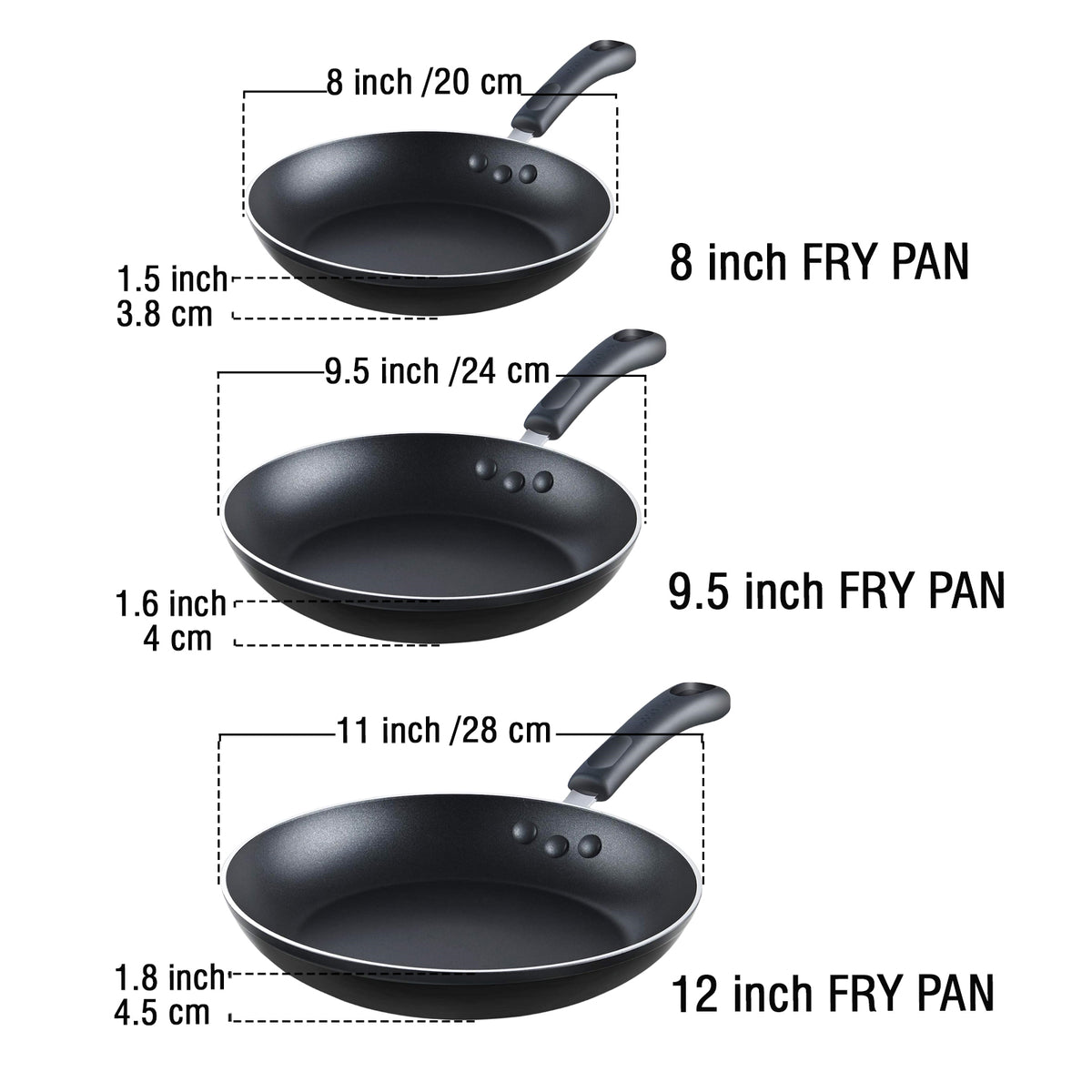 Cook N Home Basics Nonstick Saute Skillet Fry Pan 3-Piece Set, 8 inch/9.5-Inch/11-inch Non-Stick Frying Pans, Black