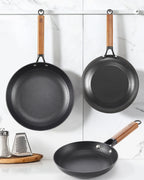 D&M Cast Iron Skillet, 12 Inch Nonstick Frying Pan with Detachable Acacia Wooden Handle, Honeycomb Non stick Omelet Egg Pan, Easy Clean Oven Safe Pans for Cooking