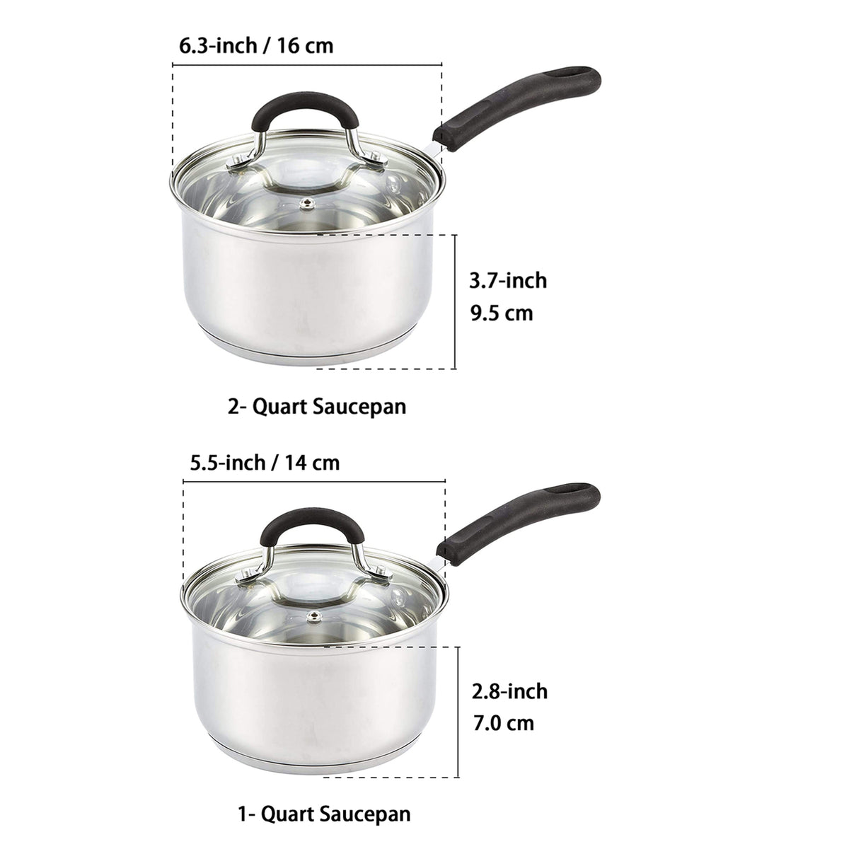 Cook N Home Saucepan Set Sauce Pot With Lid 1QT and 2QT Stainless Steel, Stay Cool Handle, silver
