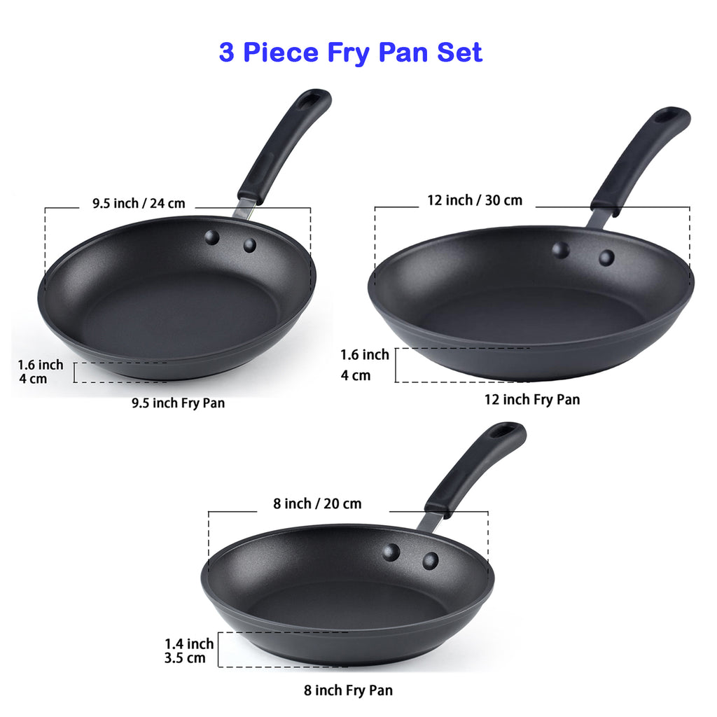 Cook N Home Nonstick Saute Fry Pan (8"/9.5"/12") Professional Hard Anodized Frying Pan 3 Piece Cookware Sets, Dishwasher Safe with Stay-Cool Handles, Black
