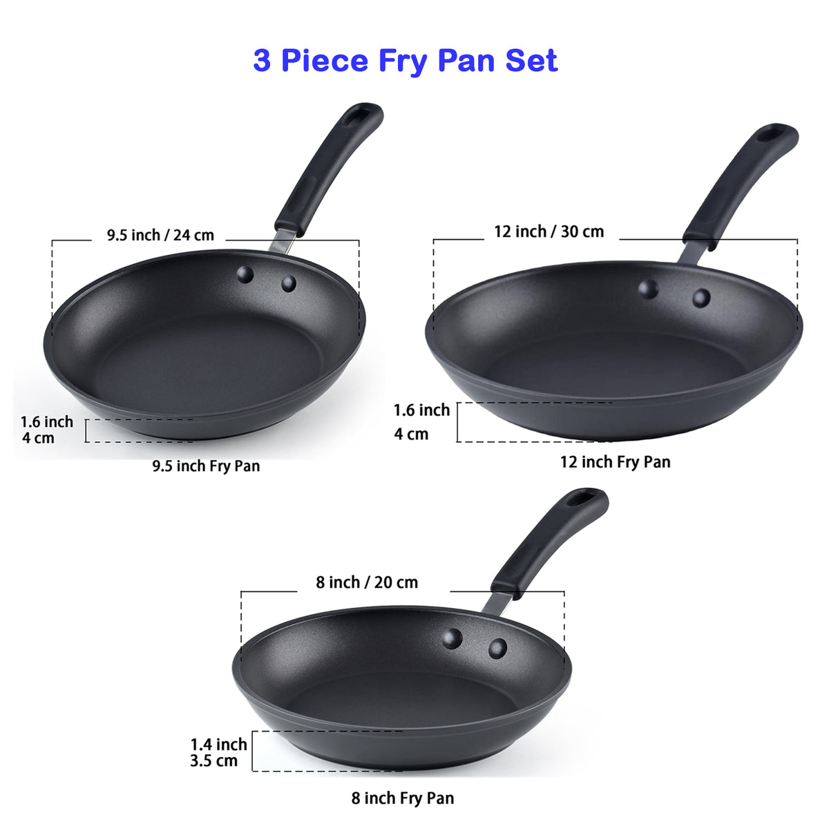 Cook N Home Nonstick Saute Fry Pan (8"/9.5"/12") Professional Hard Anodized Frying Pan 3 Piece Cookware Sets, Dishwasher Safe with Stay-Cool Handles, Black