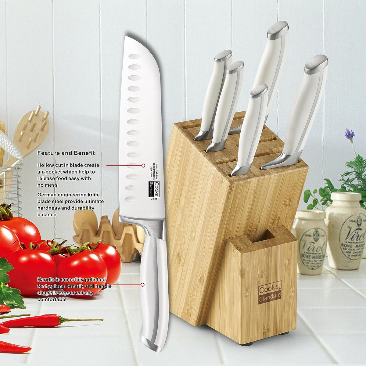 Cooks Standard 6-Piece Stainless Steel Kitchen Knife Set with Expandable Bamboo Block