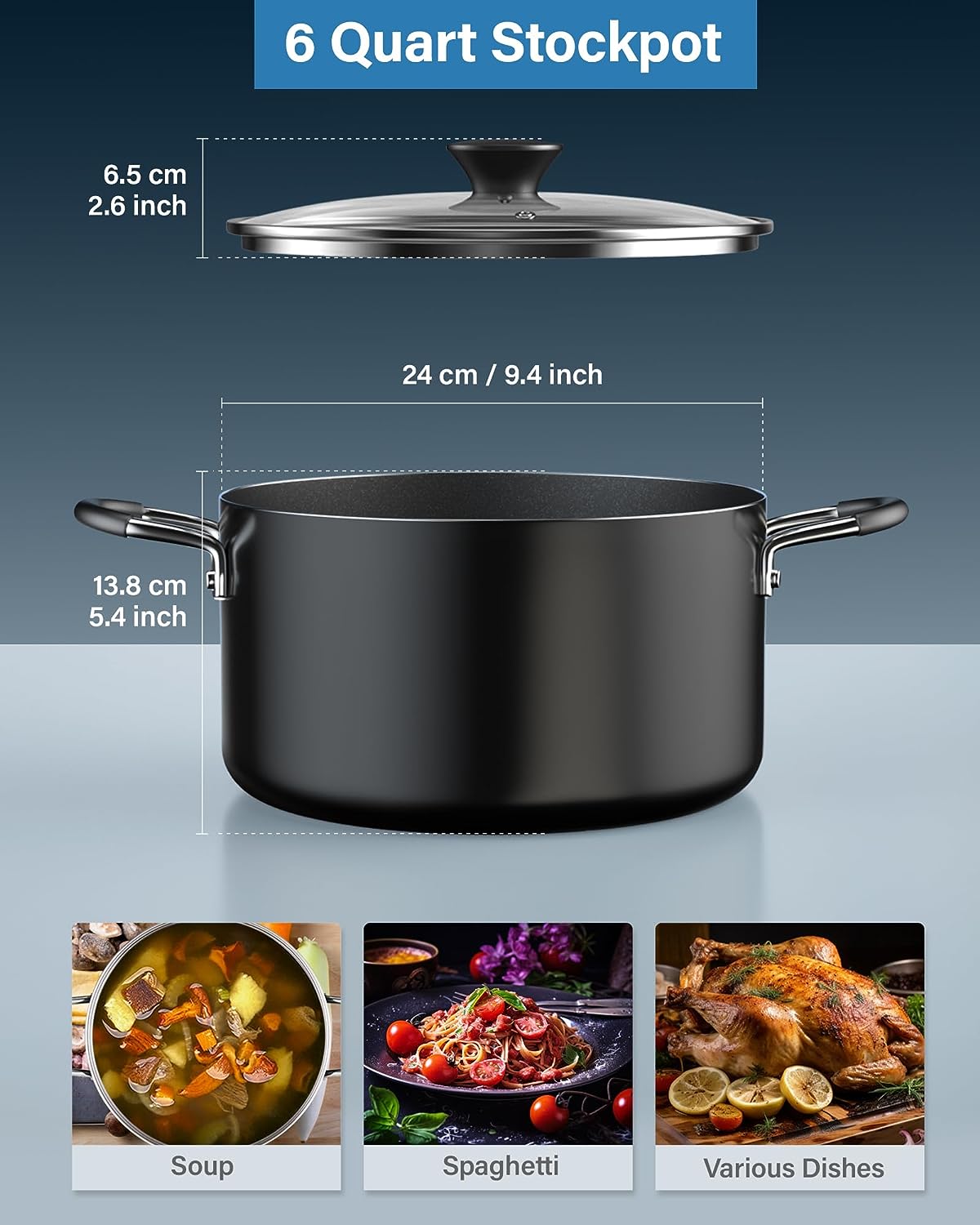 Cook N Home 6-Quart Nonstick Stockpot with Glass Lid, Black
