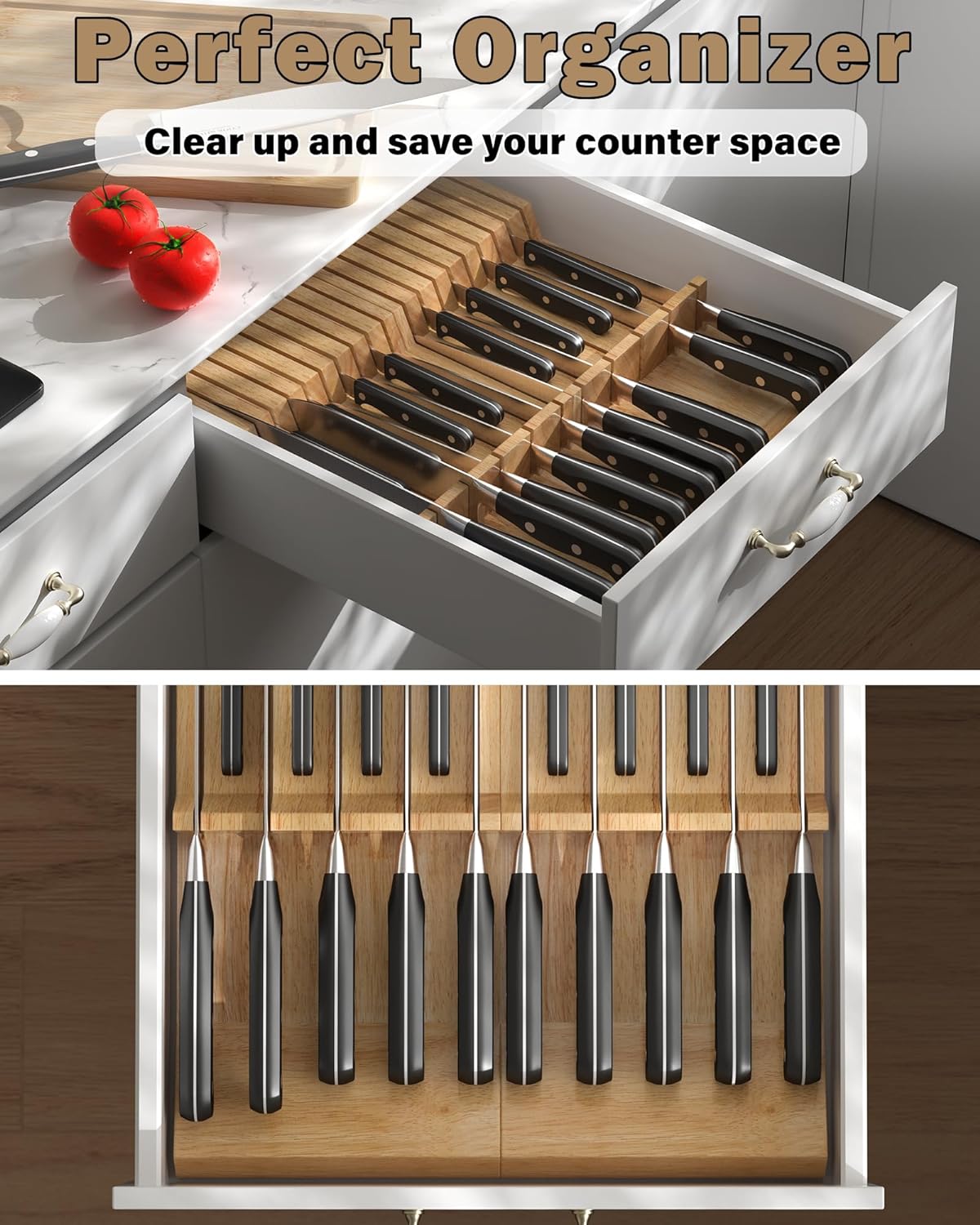 Cook N Home 18-Slot In-Drawer Rubber Wood Knife Organizer