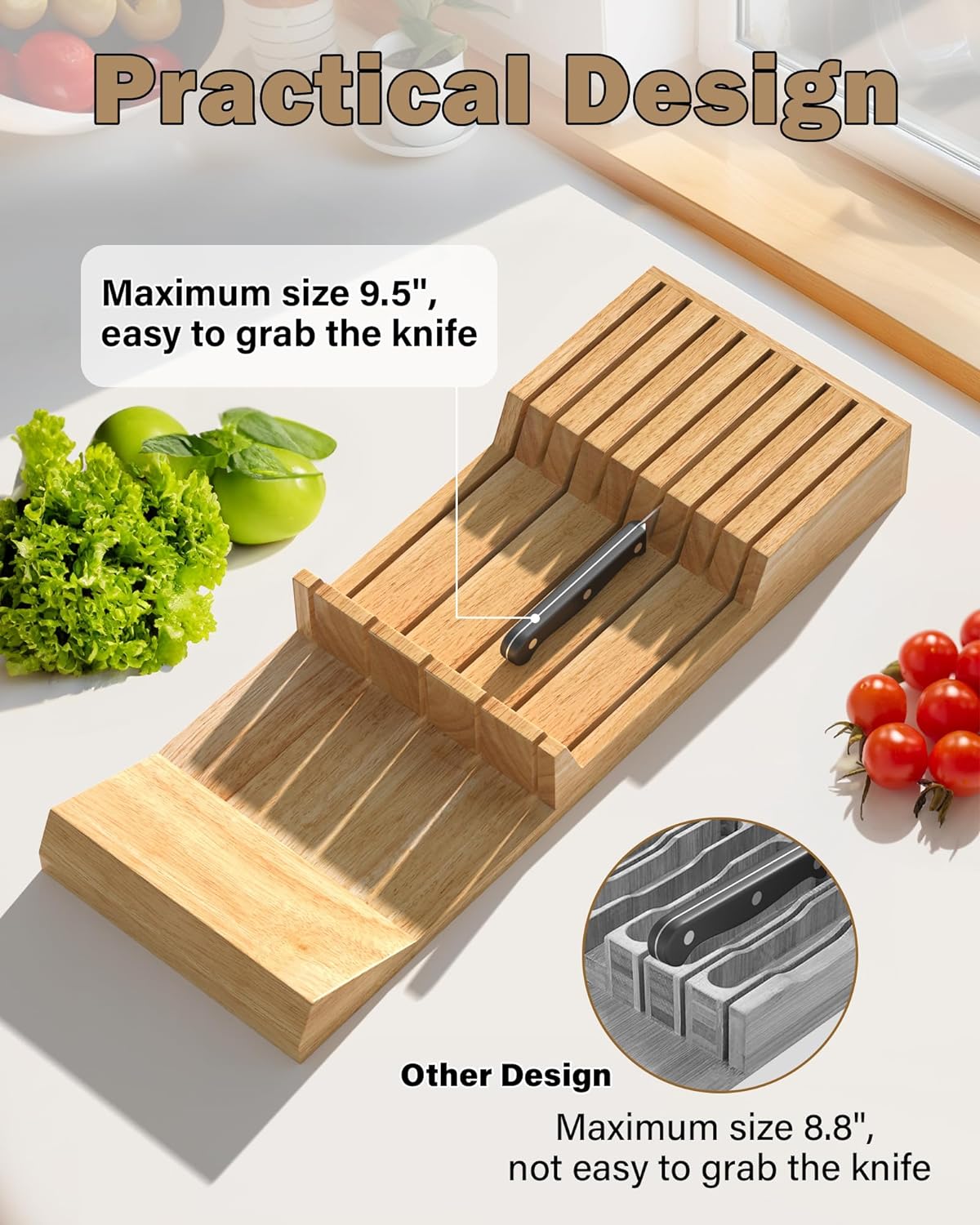 Cook N Home 18-Slot In-Drawer Rubber Wood Knife Organizer