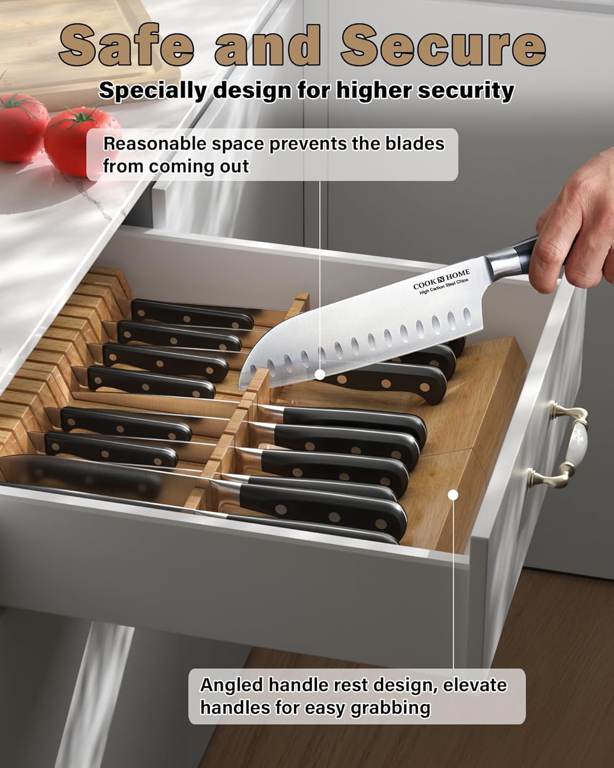 Cook N Home 18-Slot In-Drawer Rubber Wood Knife Organizer