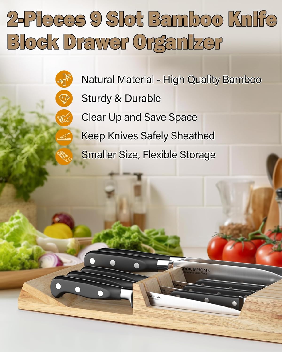 Cook N Home 18-Slot In-Drawer Rubber Wood Knife Organizer