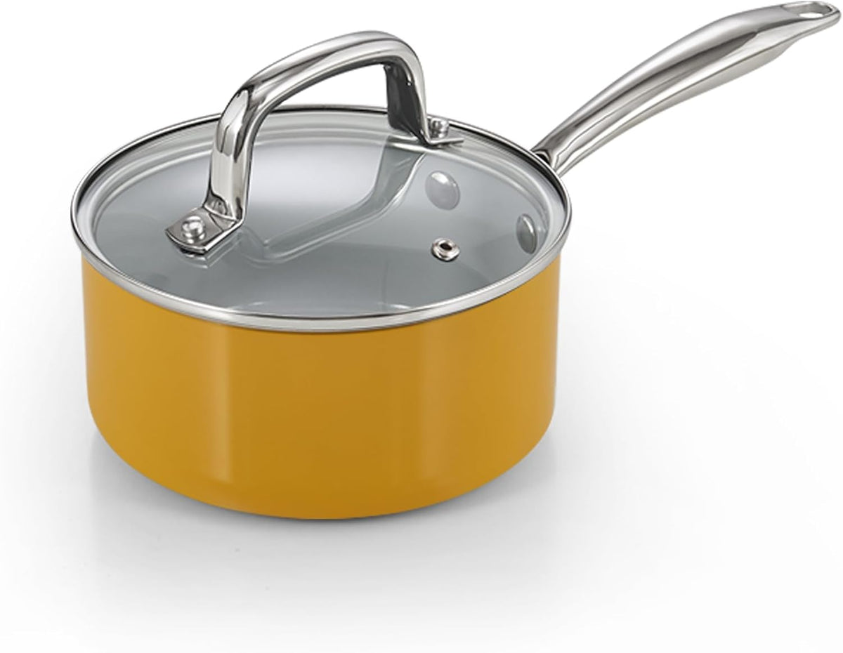 Cook N Home Nonstick Sauce Pan with Glass Lid, 1.5-Quart Small Saucepan Hard Anodized Non Stick Healthy Ceramic Cookware, Induction Cooking Pots and Pans with Stay-Cool Handles, Cacerola, Yellow