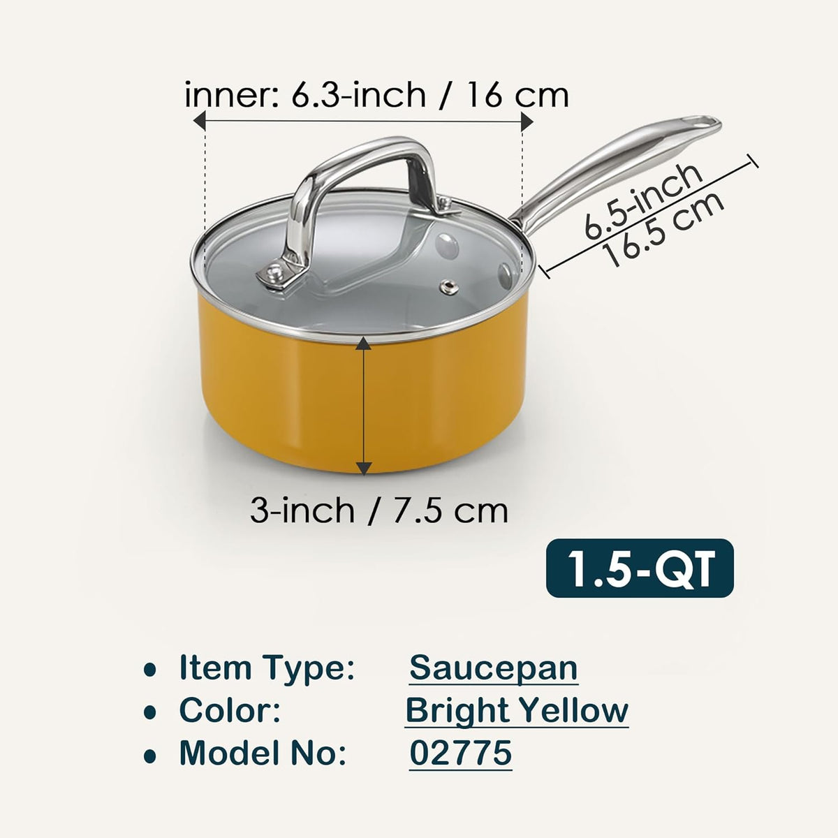 Cook N Home Nonstick Sauce Pan with Glass Lid, 1.5-Quart Small Saucepan Hard Anodized Non Stick Healthy Ceramic Cookware, Induction Cooking Pots and Pans with Stay-Cool Handles, Cacerola, Yellow