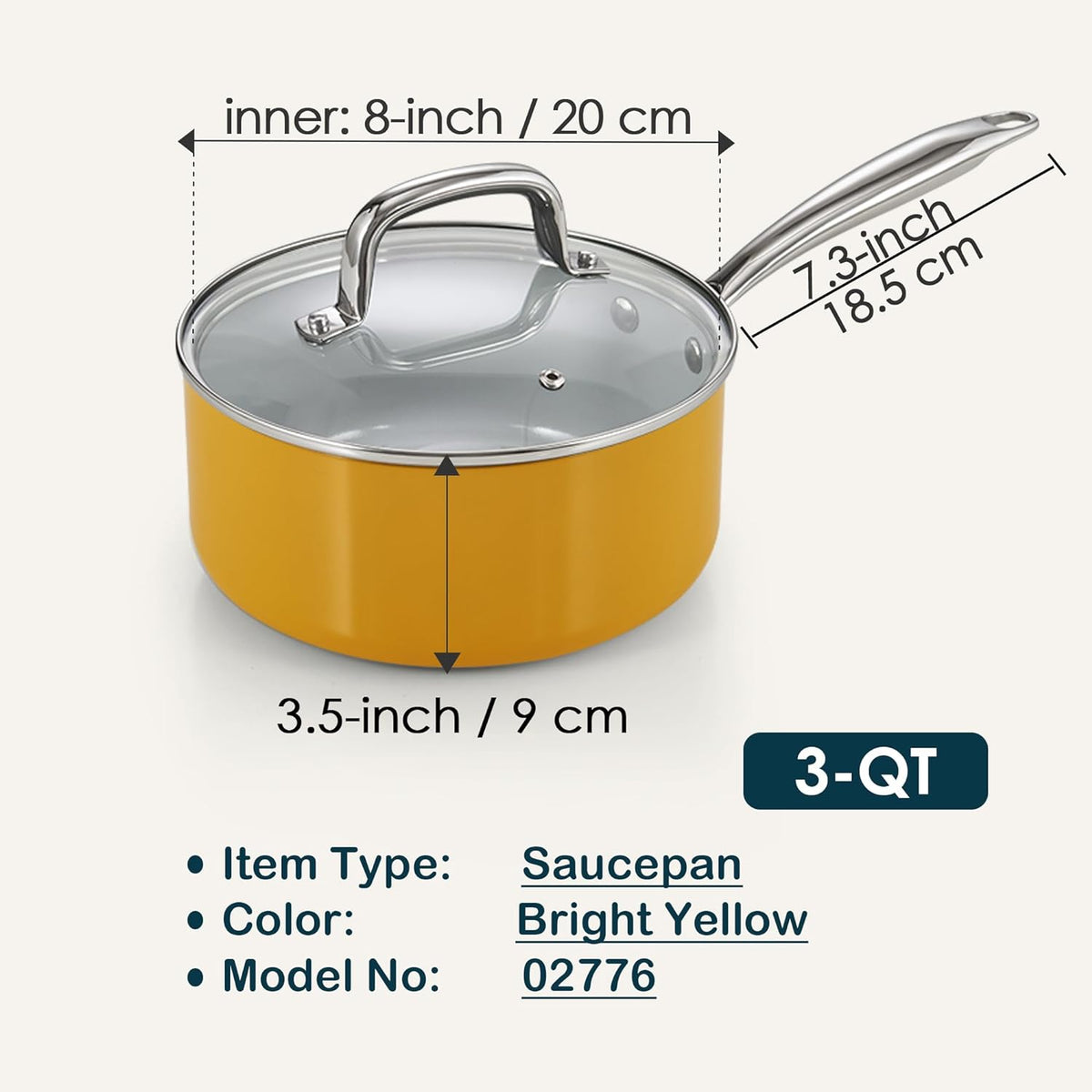 Cook N Home Nonstick Sauce Pan with Glass Lid, 3-Quart Small Saucepan Hard Anodized Non Stick Healthy Ceramic Cookware, Induction Cooking Pots and Pans with Stay-Cool Handles, Cacerola, Yellow
