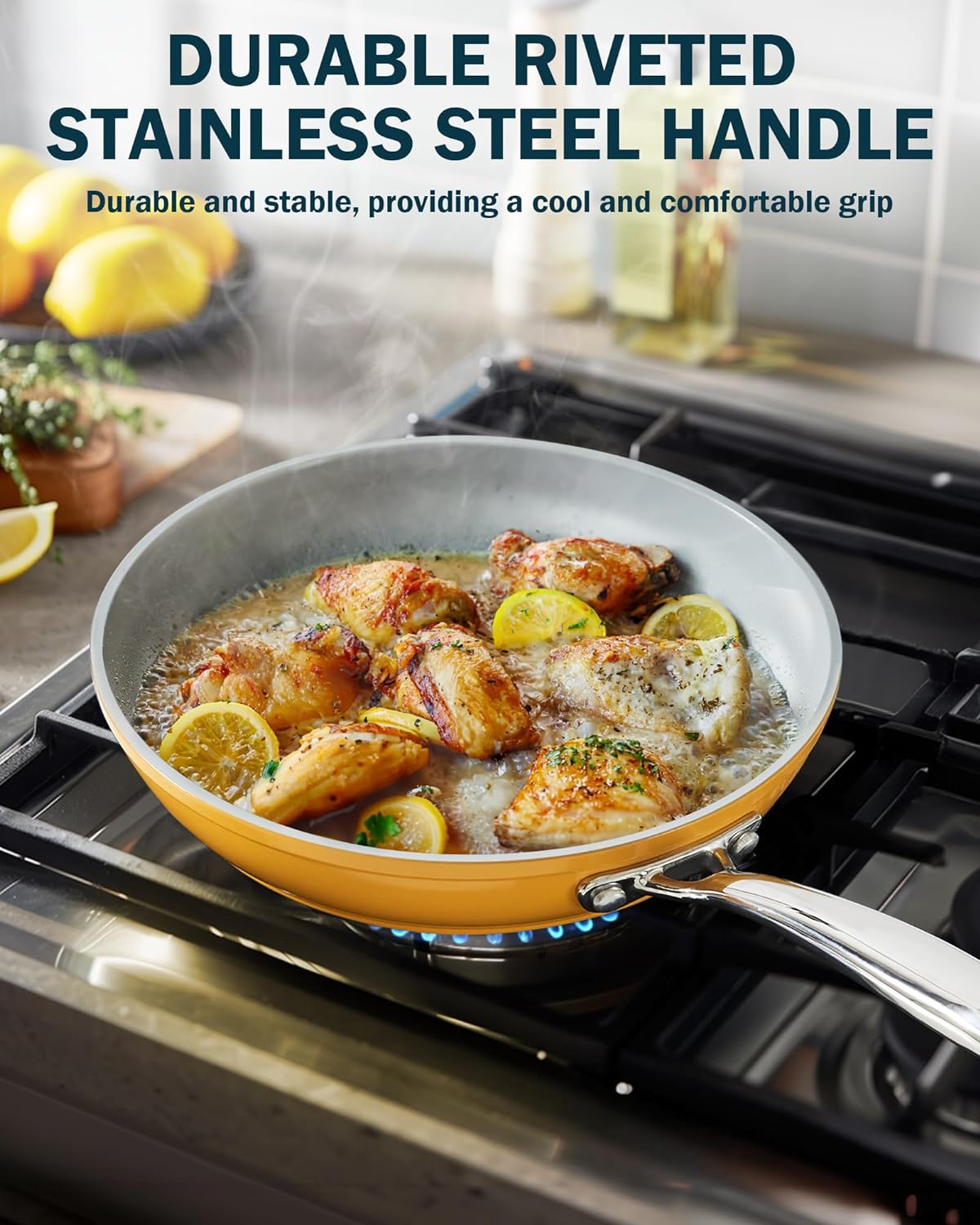 Cook N Home Non Stick Frying Pan, 9.5-inch Skillet Hard Anodized Healthy Ceramic Nonstick Cookware, Egg Omelette Induction Sauté Cooking Pan with Stay-Cool Handle, Sartén de Cerámica, Yellow