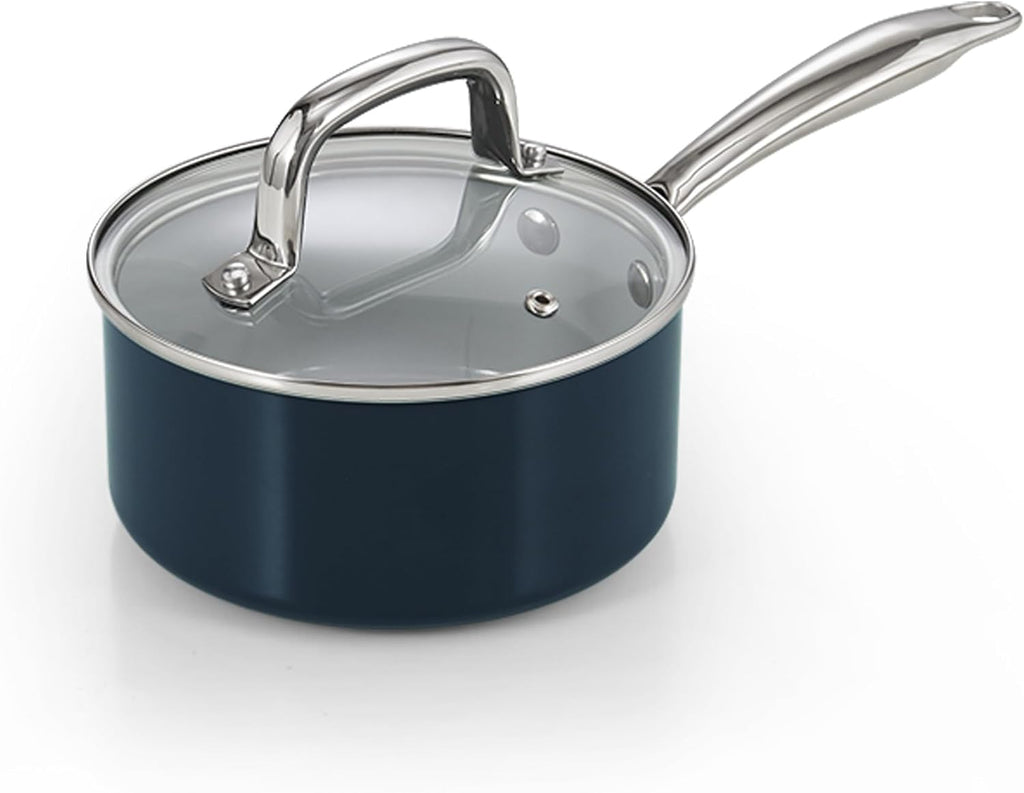 Cook N Home Nonstick Sauce Pan with Glass Lid, 3-Quart Small Saucepan Hard Anodized Non Stick Healthy Ceramic Cookware, Induction Cooking Pots and Pans with Stay-Cool Handles, Cacerola, Blue