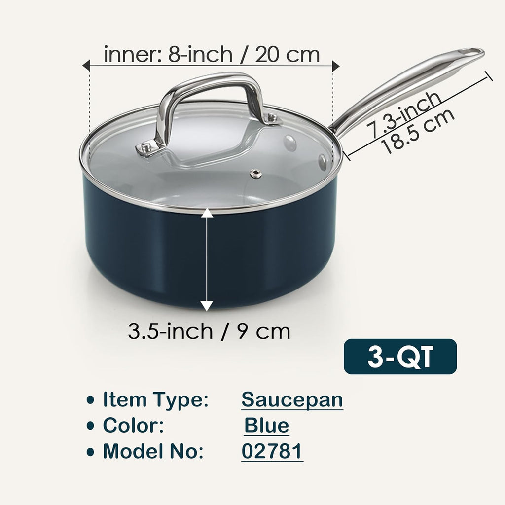 Cook N Home Nonstick Sauce Pan with Glass Lid, 3-Quart Small Saucepan Hard Anodized Non Stick Healthy Ceramic Cookware, Induction Cooking Pots and Pans with Stay-Cool Handles, Cacerola, Blue