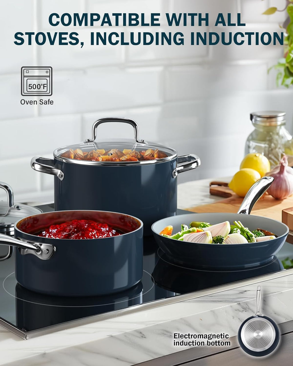 Cook N Home Non Stick Stock Pot with Lid, 6-Quart Hard Anodized Healthy Ceramic Nonstick Gumbo Pasta Pot, Induction Cookware Stockpot for Cooking, Canning, Sauce, Ollas para Cocina, Blue