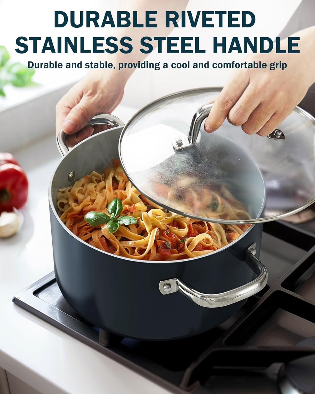 Cook N Home Non Stick Stock Pot with Lid, 6-Quart Hard Anodized Healthy Ceramic Nonstick Gumbo Pasta Pot, Induction Cookware Stockpot for Cooking, Canning, Sauce, Ollas para Cocina, Blue