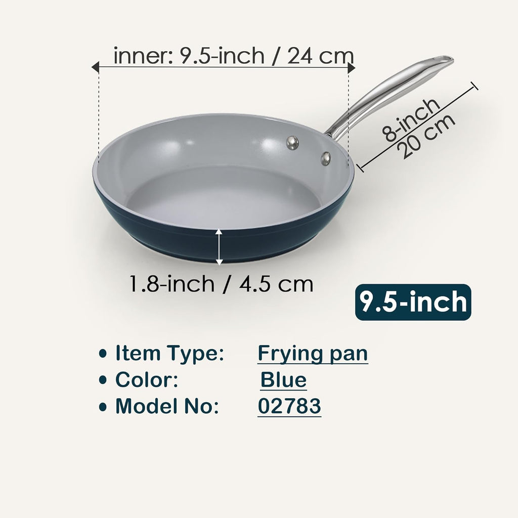 Cook N Home Non Stick Frying Pan, 9.5-inch Skillet Hard Anodized Healthy Ceramic Nonstick Cookware, Egg Omelette Induction Sauté Cooking Pan with Stay-Cool Handle, Sartén de Cerámica, Blue