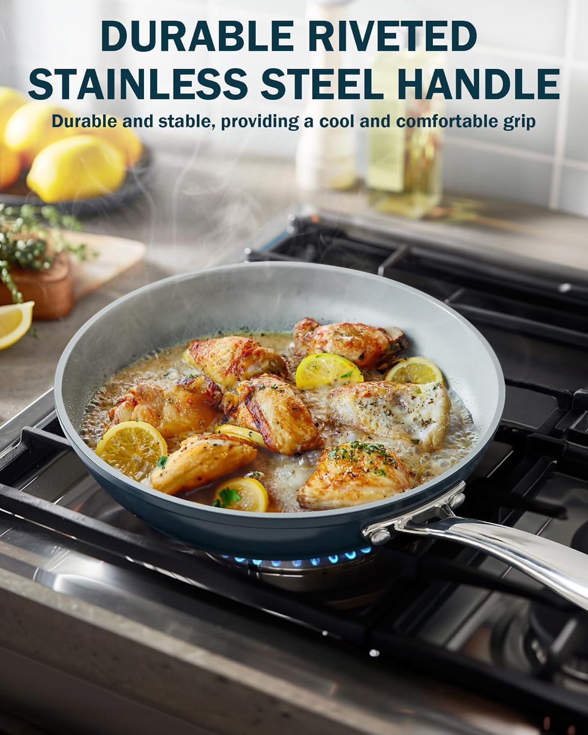 Cook N Home Non Stick Frying Pan, 9.5-inch Skillet Hard Anodized Healthy Ceramic Nonstick Cookware, Egg Omelette Induction Sauté Cooking Pan with Stay-Cool Handle, Sartén de Cerámica, Blue