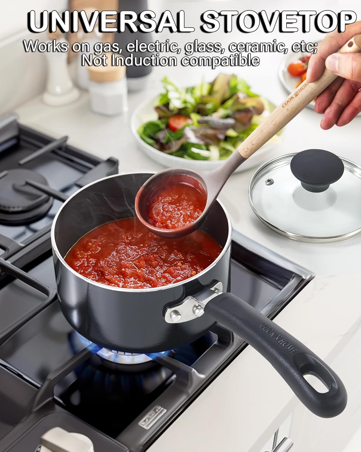 Cook N Home Nonstick Sauce Pan with Glass Lid, 1-Quart Saucepan Non Stick Small Cooking Milk Aluminum Pot, Black