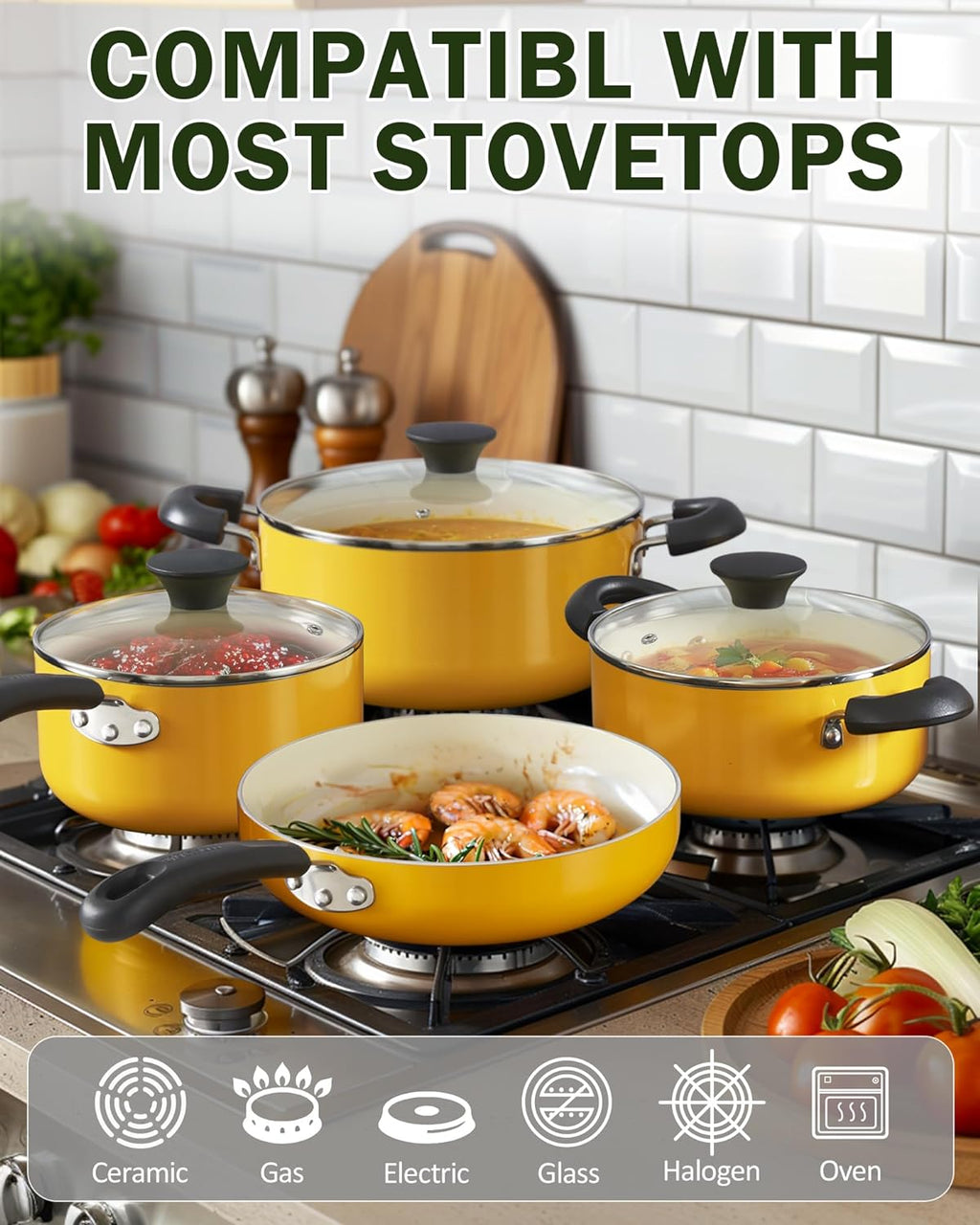 Cook N Home 10-Piece Ceramic Nonstick Cookware Set with Glass Lids