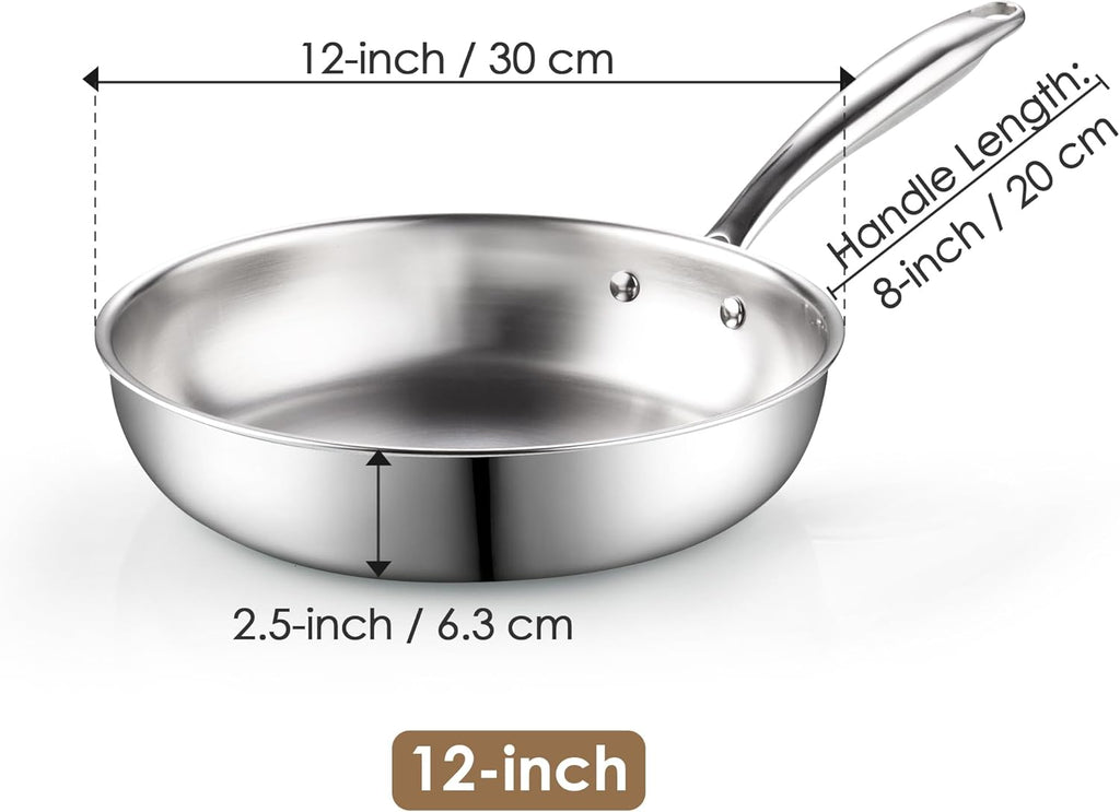 Cook N Home 12-Inch Tri-Ply Clad Stainless Steel Frying Pan