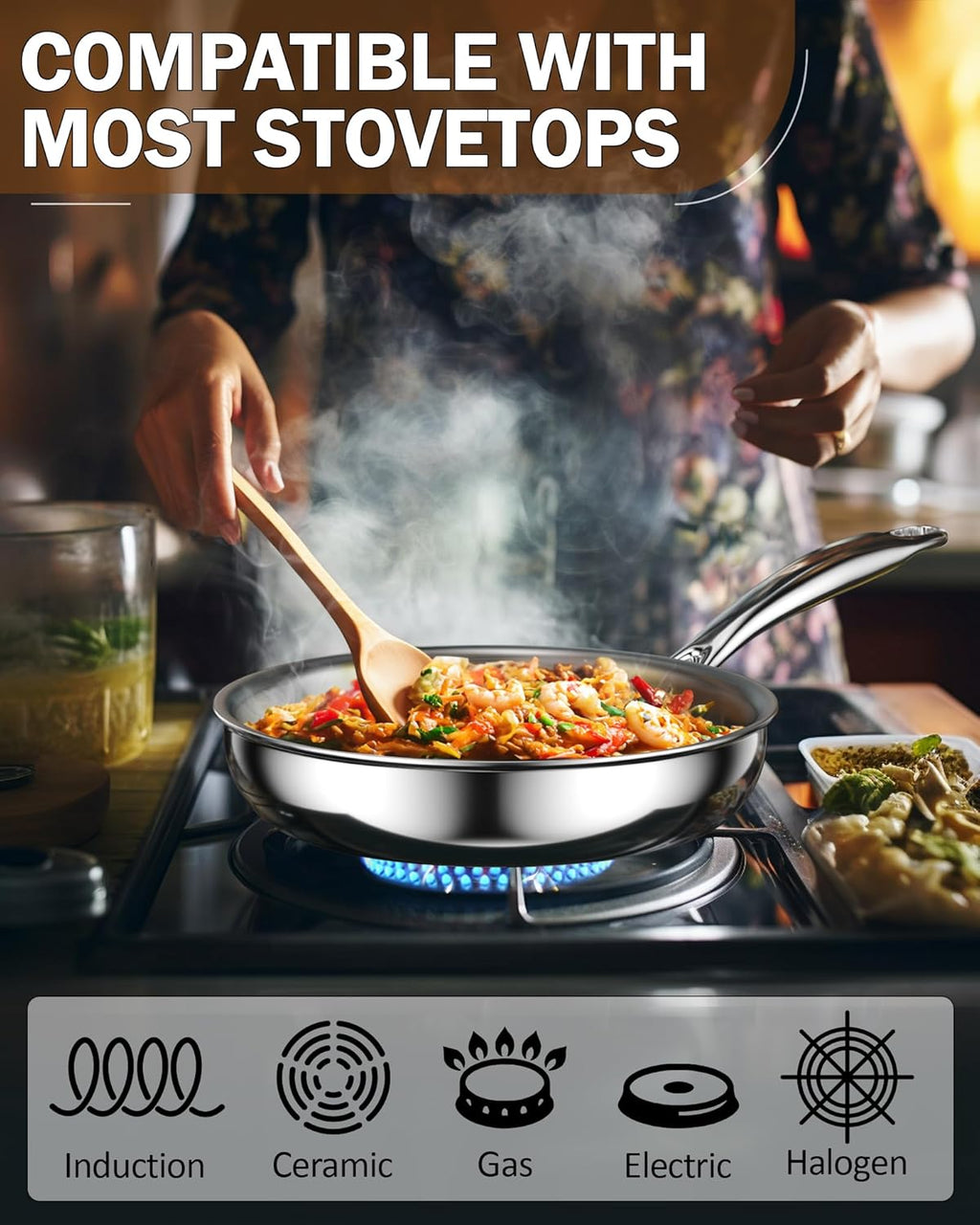 Cook N Home 12-Inch Tri-Ply Clad Stainless Steel Frying Pan